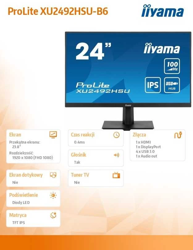 „IIYAMA XU2492HSU-B6“ 24 colių ETE IPS monitorius su 1920 x 1080 raiška, 100 Hz, 250 cd/m², garsiakalbiai, HDMI, DisplayPort, 0,4 ms MPRT, „FreeSync“, USB šakotuvas.
