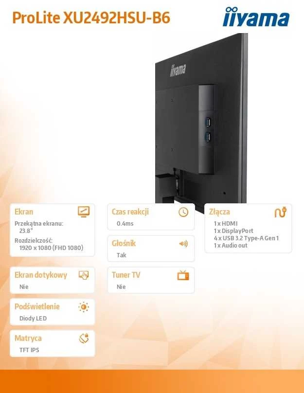 „IIYAMA XU2492HSU-B6“ 24 colių ETE IPS monitorius su 1920 x 1080 raiška, 100 Hz, 250 cd/m², garsiakalbiai, HDMI, DisplayPort, 0,4 ms MPRT, „FreeSync“, USB šakotuvas.