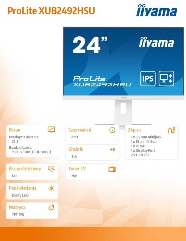 Monitorius Iiyama ProLite PROLITE XUB2492HSU-W5 - 1920 x 1080 FHD - 16:9 - 1000:1 - 250 cd/m² - 4 ms - 1 x DisplayPort (digital), 1 x HDMI (digital), 1 x VGA (analogue) - Baltas