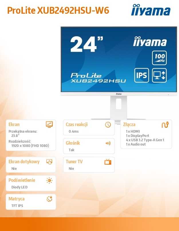 Monitorius Iiyama 24" Baltas ETE IPS skydelis, 1920x1080@100Hz, 15cm aukščio reguliavimo stovas, pasukamas, 250cd/m², garsiakalbiai, HDMI, DisplayPort, 0,4ms MPRT, FreeSync, USB-HUB 4x3.2 (23,8) VIS
