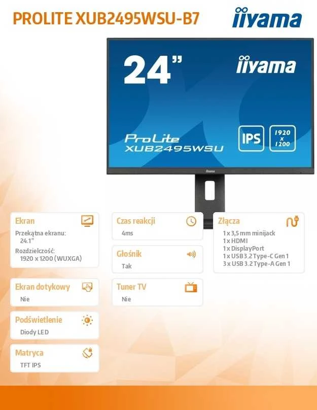Monitorius IIYAMA XUB2495WSU-B7 24 colių IPS 1920x1200 300cd/m2 4ms HDMI DP USB
