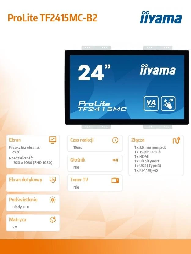iiyama ProLite TF2415MC-B2 jutiklinis monitorius 60,5 cm (23.8") 1920 x 1080 pikseliai Juoda „Multi-touch“ Daugybė naudotojų