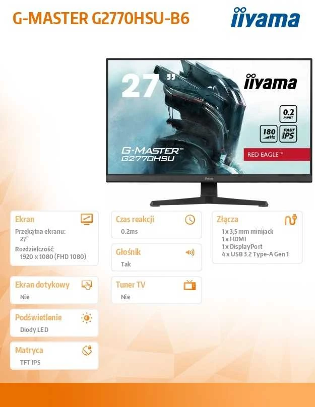 Monitorius IIYAMA G2770HSU-B6 G-Master Raudona Eagle 27 colių Fast IPS FHD FreeSync Premium 180Hz 1100:1 300cd/m2 0.2ms HDMI DP 4xUSB Juodas Garsiakalbiai