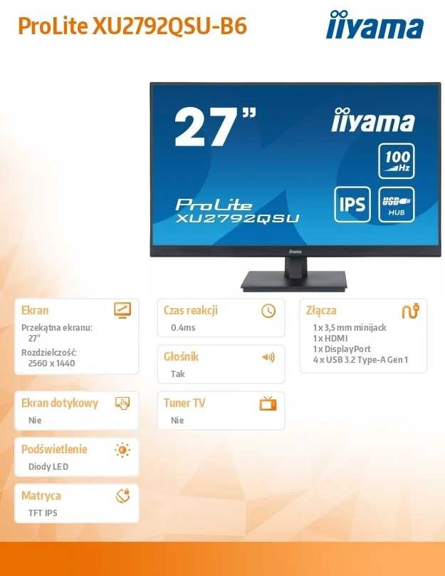 „IIYAMA XU2792QSU-B6“ 27 colių ETE IPS monitorius su 2560x1440 raiška, 100 Hz, 0,4 ms MPRT, „FreeSync“, 250 cd/m², HDMI, DisplayPort, garsiakalbiai, USB šakotuvas.