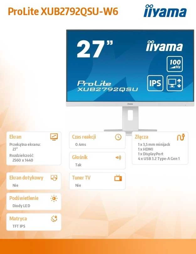 „IIYAMA XUB2792QSU-W6“ 27 colių ETE IPS monitorius, 2560x1440, 100 Hz, 250 cd/m2, 0,4 ms, garsiakalbiai, HDMI, DP, USB 4x3.2, „Baltas FreeSync“, 15 cm aukščio reguliavimas.