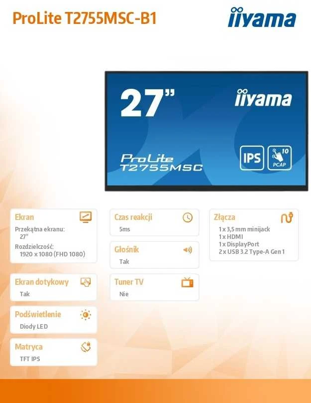 Nešiojamas monitorius iiYama ProLite T2755MSC-B1, 27", IPS, 1920 x 1080, 16:9, 400 cd/m², Touchscreen