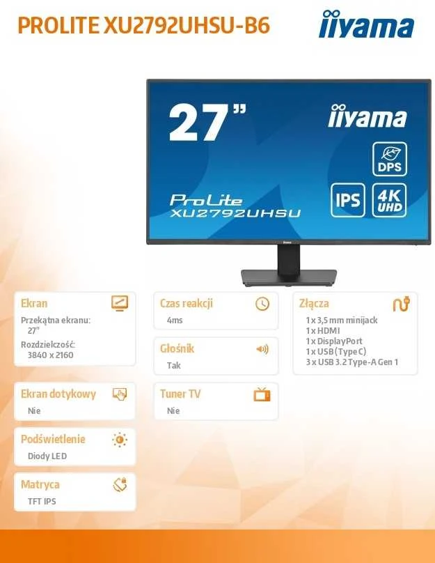 Monitorius iiyama ProLite XU2792UHSU-B6 - 60Hz | 4K | 27'' | IPS | 4ms