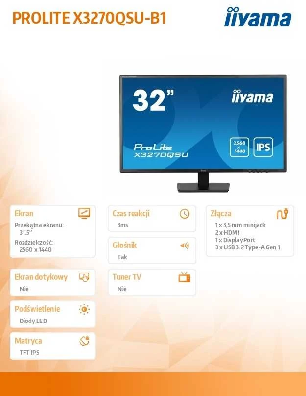 Monitorius Iiyama 31,5" IPS, 2560x1440, 1DP1H,USB