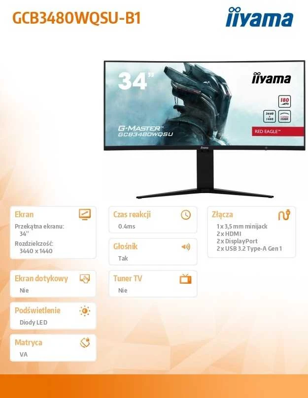 Monitorius IIYAMA GCB3480WQSU-B1 34 colių ETE VA 3440x1440 UW Curved Gaming 1500R 180Hz 21:9 420cd/m2 4ms MPRT 2xHDMI 2xDP USB-HUB 2x3.2 garsiakalbiai