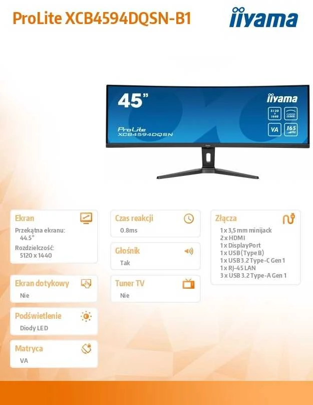 Monitorius iiyama ProLite XCB4594DQSN-B1 - 165Hz | DQHD | 44.5'' | VA | 0.8ms