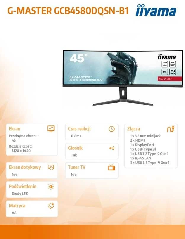 Monitorius iiyama G-Master GCB4580DQSN-B1 Raudona Eagle - 165Hz | DQHD | 45'' | VA | 0.8ms