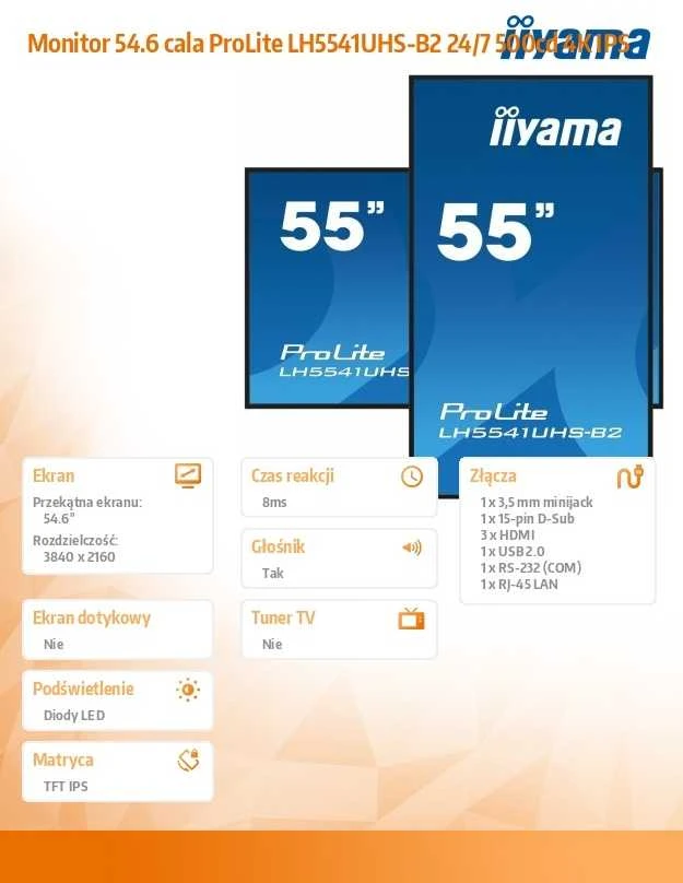 Monitorius IIYAMA LH5541UHS-B2 55 colių 3840 x 2160 4K UHD IPS skydelis 1 Precent Haze Landscape ir Portretas režimas Garsiakalbiai 2x 10W VGA 3x HDMI 500cd/m2