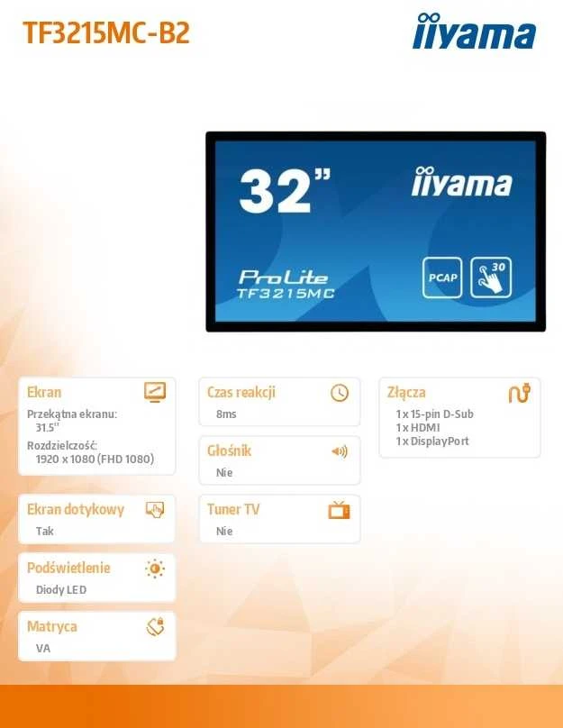 IIYAMA TF3215MC-B2 Monitorius 31,5 colio VA jutiklinis ekranas Full HD HDMI