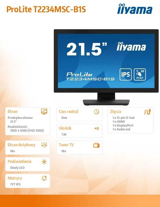 Monitorius „Iiyama PROLITE T2234MSC-B1S“ 22 colių „Full HD“ 10 taškų jutiklinis ekranas su IPS skydelio technologija, jutiklinio stiklo funkcija ir pirštų atspaudų apsaugančia danga