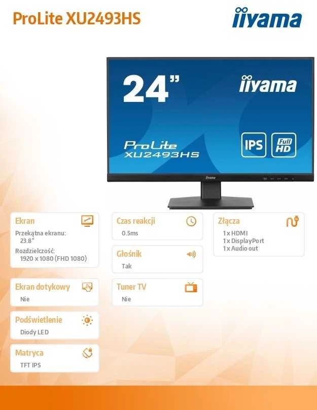 „IIYAMA XU2493HS-B6“ 24 colių ETE IPS monitorius su 1920x1080 100 Hz, 250 cd/m², garsiakalbiai, HDMI, DisplayPort