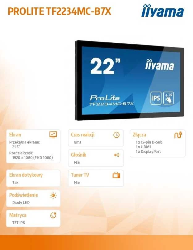 Monitorius IIYAMA 21,5 colio IPS 1920x1080 10 taškų jutiklinė apsauga nuo pirštų atspaudų 1000:1 305cd/m2 8ms HDMI DP VGA USB jutiklinė sąsaja