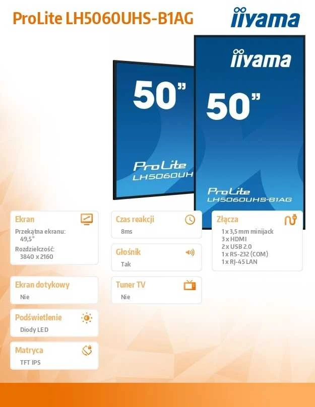 Monitorius „IIYAMA LH5060UHS-B1AG“ 50 colių 3840x2160 UHD IPS panelė „Haze 25perc 500cd/m2“ horizontaliai ir vertikaliai garsiakalbiai 2 x 10 W 3 x HDMI USB 2.0