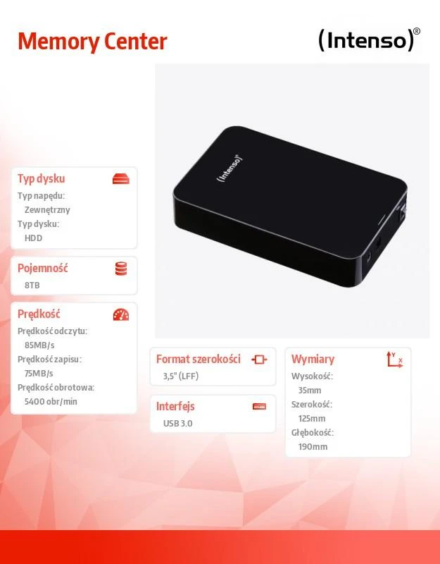 Kietasis diskas Išorinis diskas Intenso Memory Center 3.5'' 8TB USB3, Juodas