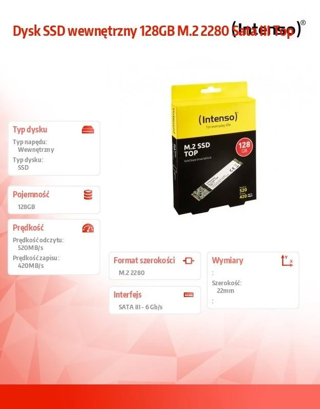 Intenso SSD SATA III Top 128 GB, SSD sąsaja SATA, Rašymo greitis 500 MB/s, Skaitymo greitis 520 MB/s