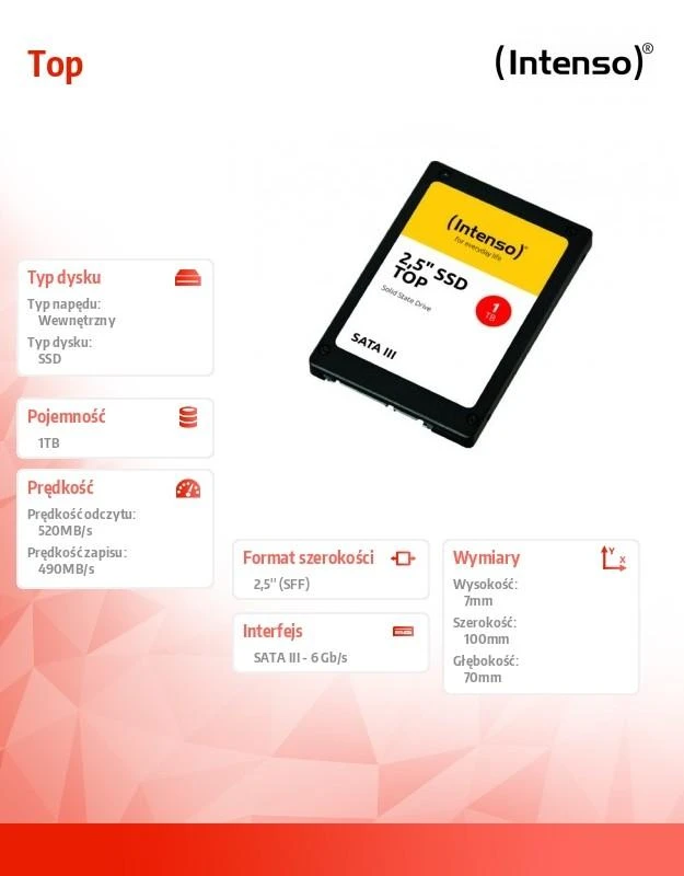 Intenso SSD TOP 1TB SATA3, 520/490MBs, Atsparus smūgiams, Mažos galios