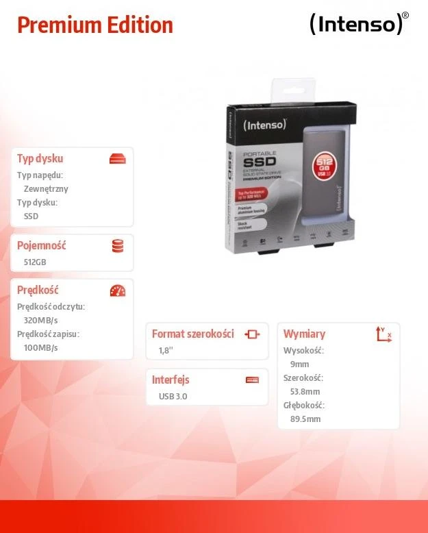 Kietasis diskas „Intenso“ išorinis nešiojamasis SSD 1,8 colio 512 GB, „Premium Edition“, USB 3.0, antracitas