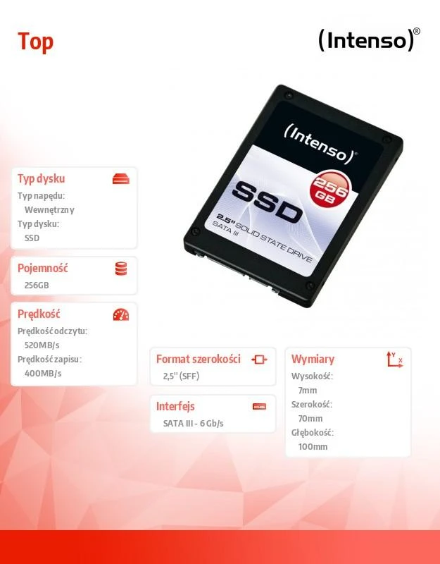 SSD Intenso Top 256 GB SATA3, 520/400 MB, Atsparus smūgiams, Mažos galios