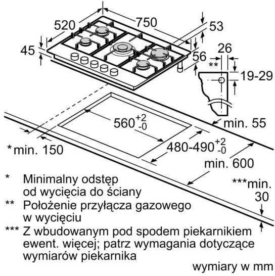 Kaitlentė Bosch Serie 6 PCQ7A5I90 hob Nerūdijantis plienas Built-in 75 cm Gas 5 zone(s)