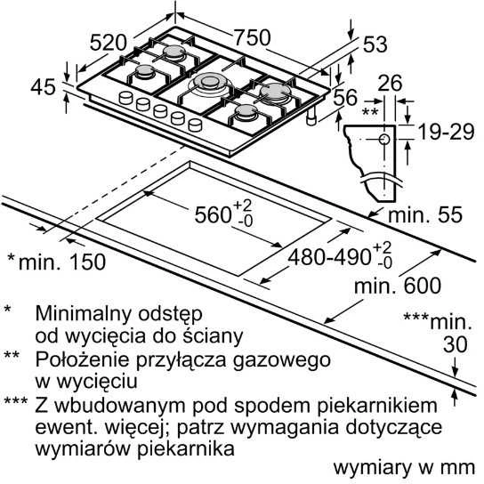 Kaitlentė Bosch Serie 4 PGQ7B5K90 hob Nerūdijantis plienas Built-in 75 cm Gas 5 zone(s)