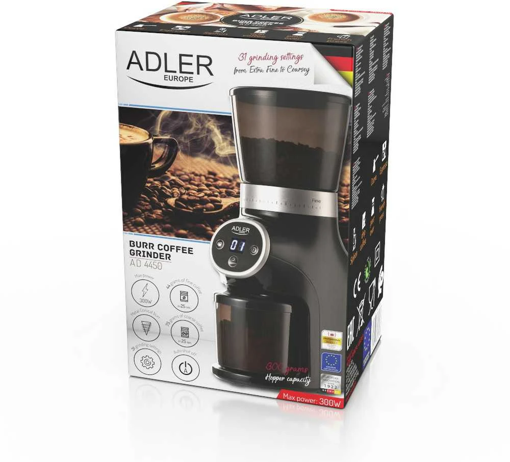 Kavamalė Adler | Kavos malūnėlis | AD 4450 Burr | 300 W | Kavos pupelių talpa 300g | Puodelių skaičius 1-10 vnt(s) | Juodas