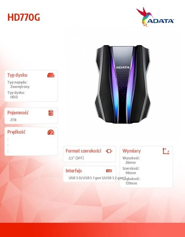 ADATA Išorinis kietasis diskas | HD770G | 2000 GB | USB 3.2 Gen1 (atgalinis suderinamas su USB 2.0) | Juodas | Suderinamumas su konkrečiais pagrindiniais įrenginiais gali skirtis ir gali būti paveiktas sistemos aplinkos. Norint prijungti per USB 2.0, reikia prijungti du USB jungtys, kad būtų pakankamai energijos. Reikės USB Y kabelio.
