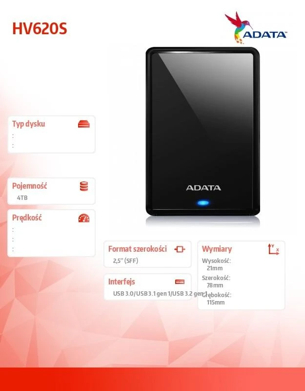 Išorinis kietasis diskas Adata HV620S 4TB, HDD 2.5i Juodas