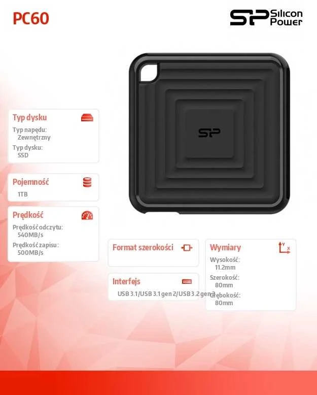 SILICON POWER COMPUTER &amp; COMMUNICAT SILICON POWER Išorinis kietasis diskas SSD PC60 1TB USB-C 540/500 MB/s Juodas
