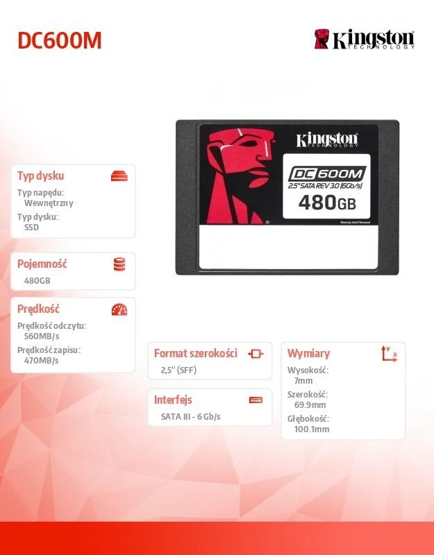 KINGSTON 480 GB DC600M 2,5 colio SATA3 mišraus naudojimo duomenų centro SSD, skirtas įmonės serveriams ir NAS (paruošta VMWare)