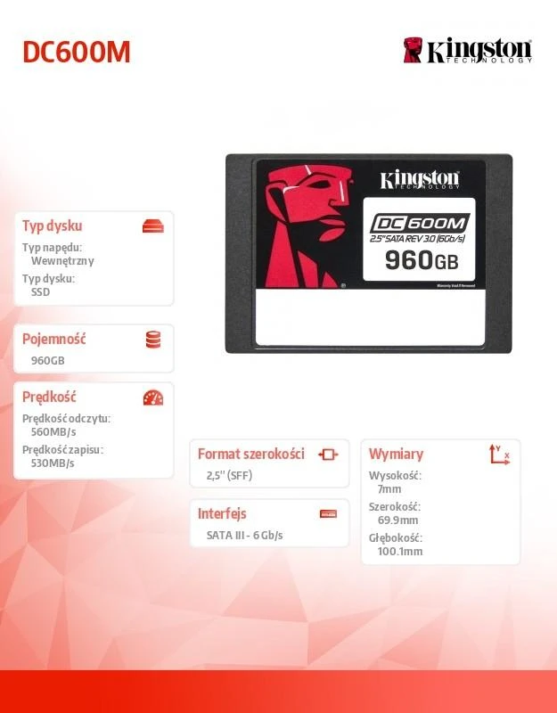 KINGSTON 960 GB DC600M 2,5 colio SATA3 mišraus naudojimo duomenų centro SSD, skirtas įmonės serveriams ir NAS (paruošta VMWare)