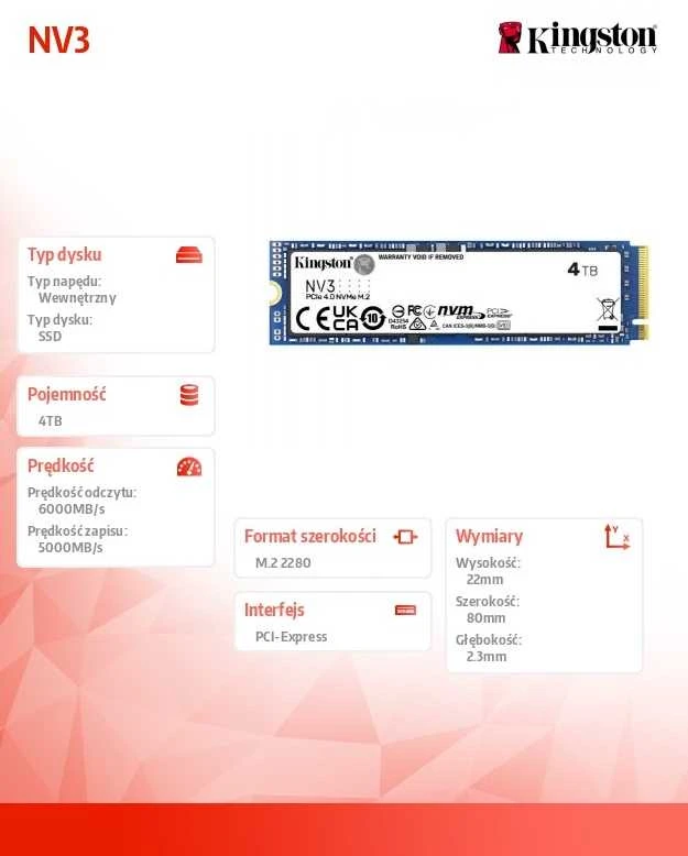Kingston SSD 4TB NV3 M.2 2280 PCIe 4.0 NVMe SSD