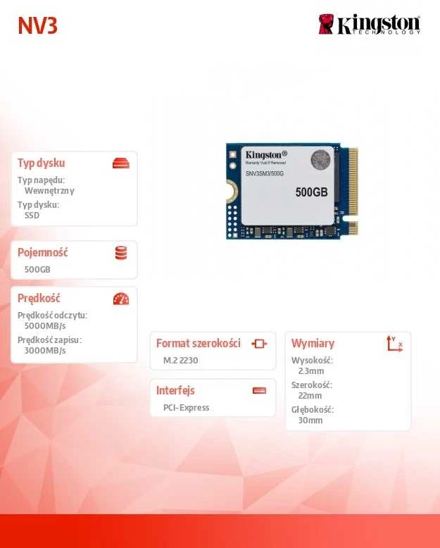 „Kingston Technology 500G NV3 M.2 2230 NVMe SSD“