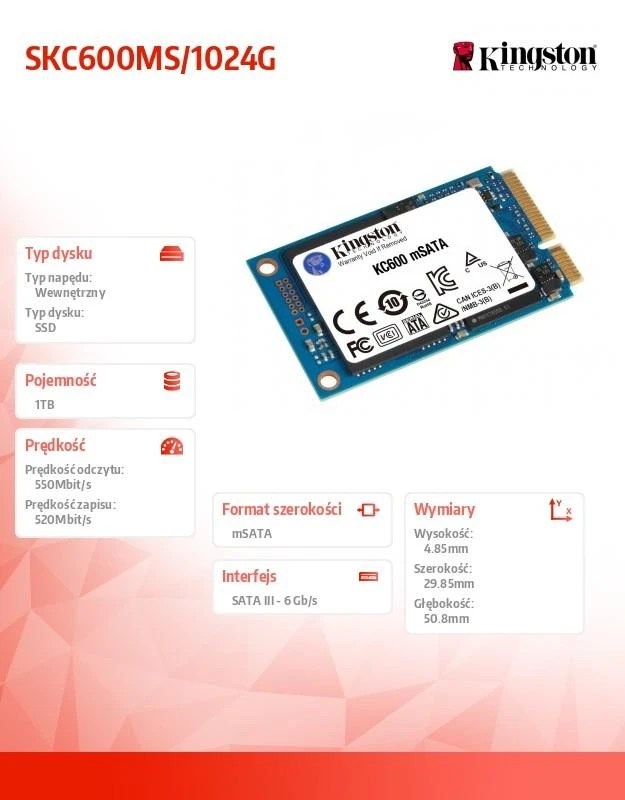 KINGSTON KC600 1024GB SATA3 mSATA SSD