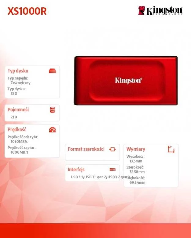 Išorinis kietasis diskas Kingston SXS1000R, 2 TB, USB 3.2 Gen 2, raudonas