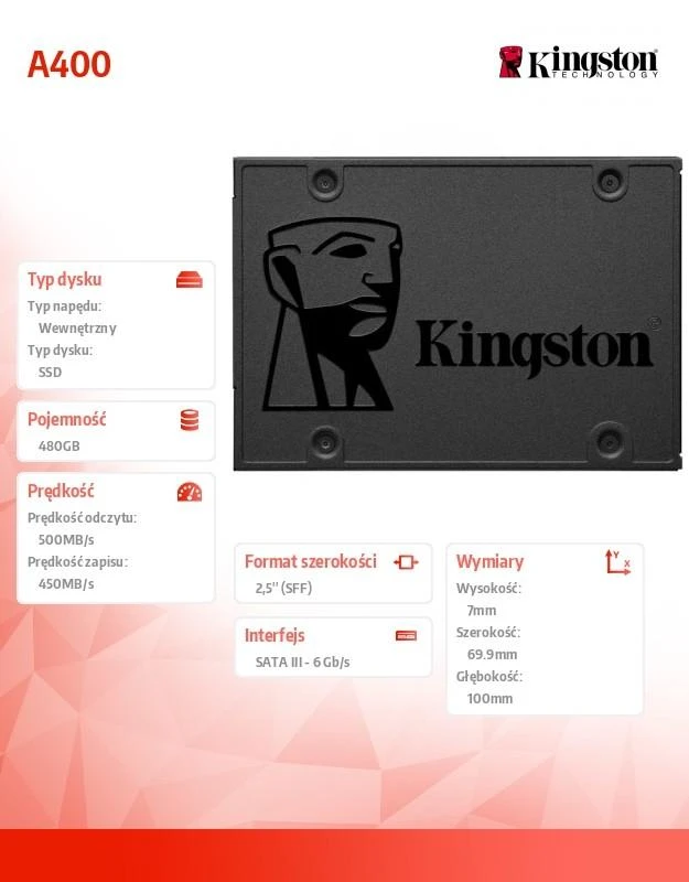 KINGSTON SSD SATA 2.5" 480GB TLC, SA400S37/480G 
