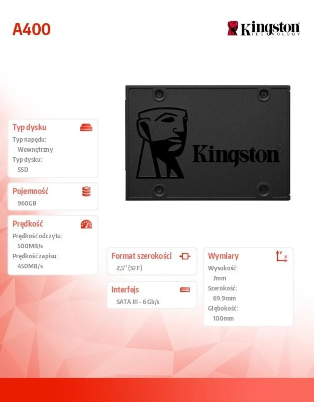 Kietasis diskas SSD KINGSTON A400/960GB/SATA 3.0/TLC/SA400S37/960G