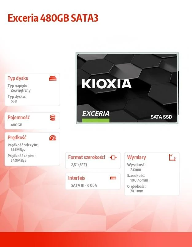 KIOXIA EXCERIA 480 GB SSD, 2,5 colio 7 mm, SATA 6 Gb/s, skaitymo / rašymo: 555 / 540 MB/s, atsitiktinis skaitymas / rašymas IOPS 82K/88K