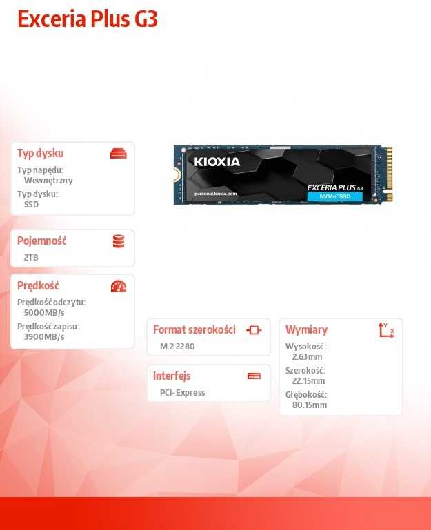 M.2 SSD - Kioxia Exceria Plus G3 2TB PCIe 4.0 5000MB/s Skaitymas 3900MB/s Rašymas