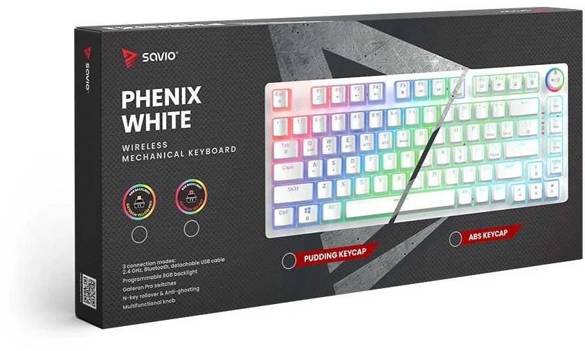 Klaviatūra mechaninė belaidė SAVIO PHENIX Baltas Gateron Geltona, Pudding