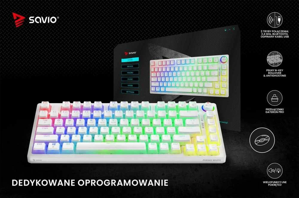 Klaviatūra mechaninė belaidė SAVIO PHENIX Baltas Gateron Geltona, Pudding