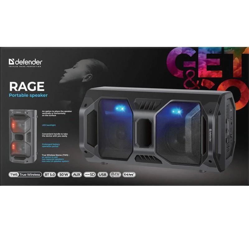Defender Rage Stereo Nešiojama kolonėlė Juodas 50 W