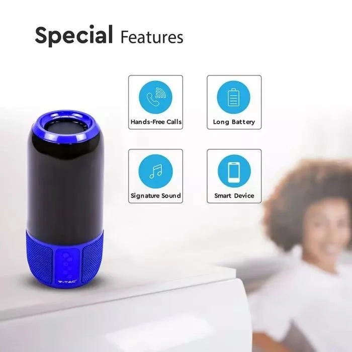 V-tac 6W Bluetooth kolonėlė su LED šviesomis, mėlyna, USB ir TF vieta, DC:5V