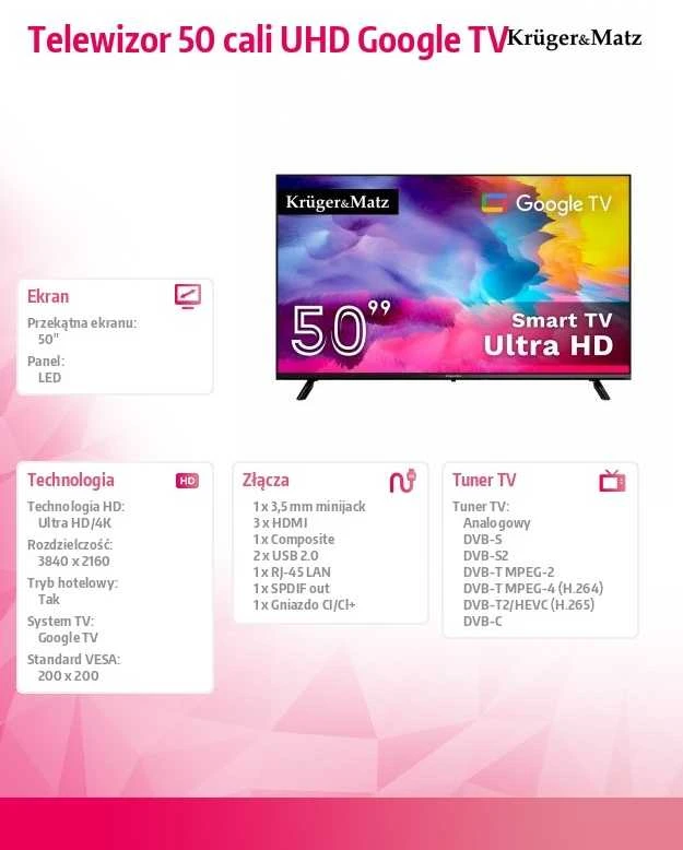 Televizorius Kruger & Matz 50" UHD Google TV DVB-T2/T/C H.265 HEVC TV