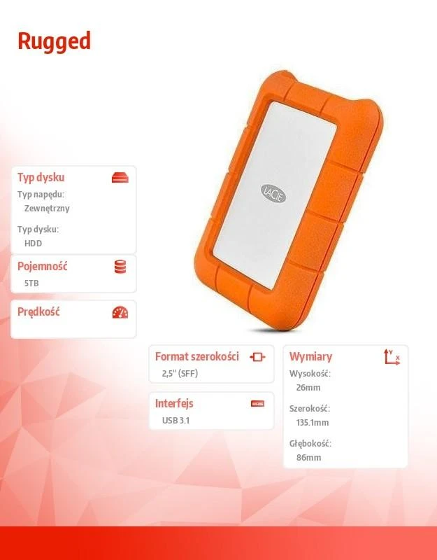 Kietasis diskas „LaCie“ mobilusis diskas Tvirtas USB-C 2,5 colio 5 TB 3600 RPM USB3.1