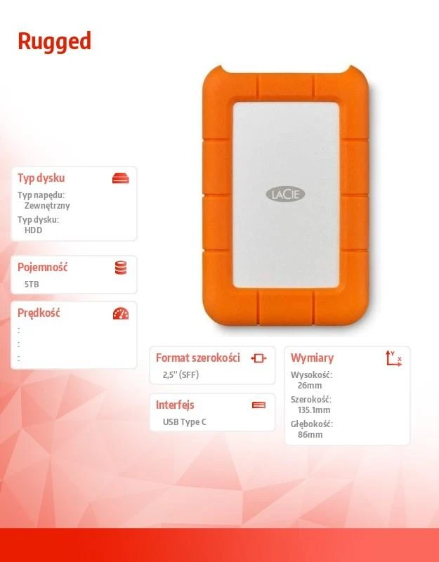 Kietasis diskas „LaCie“ mobilusis diskas Tvirtas USB-C 2,5 colio 5 TB 3600 RPM USB3.1