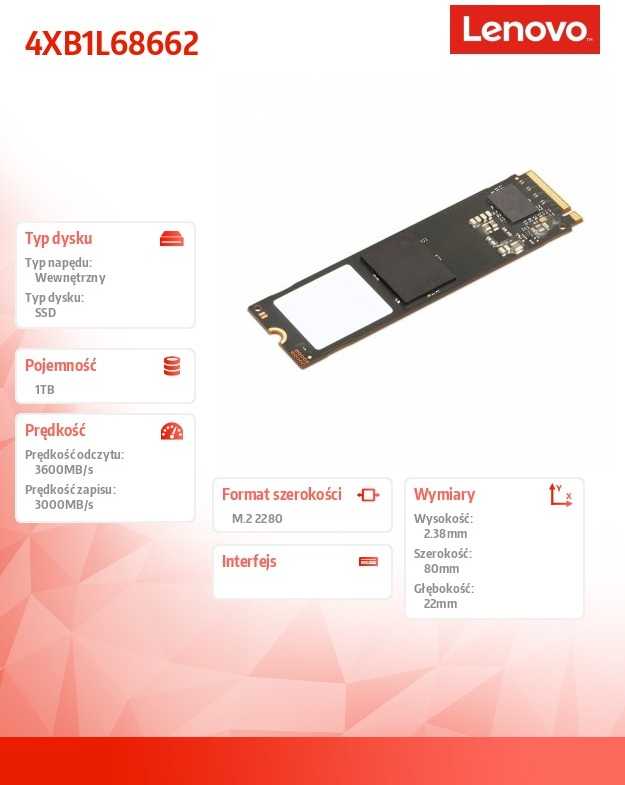 Lenovo ThinkCentre 1TB Value PCIe Gen4 NVMe OPAL 2.0 M.2 2280 SSD | Lenovo | SSD | 1000 GB | SSD form factor M.2 2280 | Solid-state drive sąsaja PCIe Gen4 | Rašymo greitis 3000 MB/s
